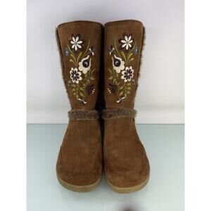 Vintage Y2K Report Suede Fur Floral Embroidered Under Knee Boho Boots Size 9.5